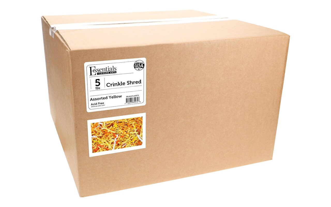 Essentials by Leisure Arts Crinkle Shred Box, Assorted Yellow, 5lbs Shredded Paper Filler, Crinkle Cut Paper Shred Filler, Box Filler, Shredded Paper for Gift Box, Paper Crinkle Filler, Box Filling